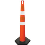 Orange cone with two white stripes and two orange stripes of 4" diamond grade sheeting